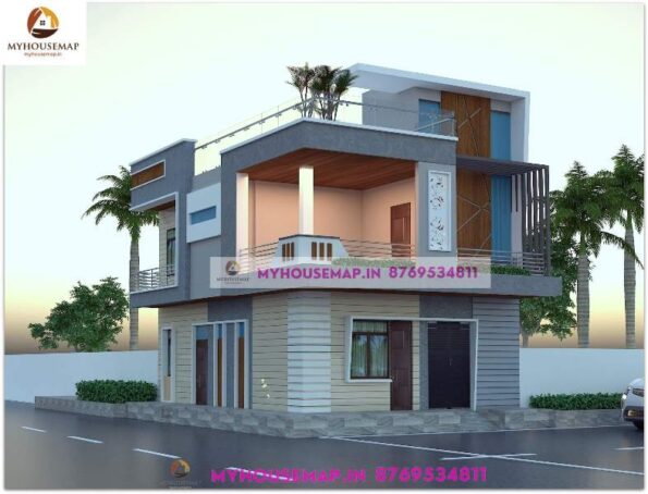 image of small house front design and corner building elevation with simple design