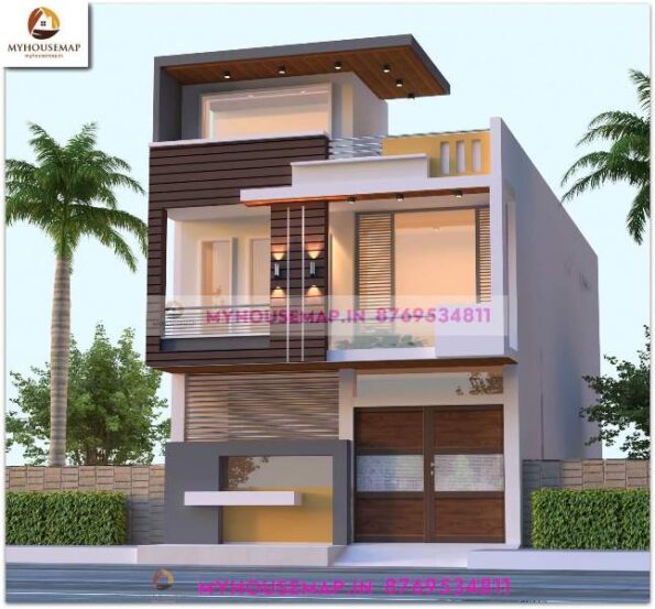 image of best front elevation design for duplex house and gray, yellow and brown color combination