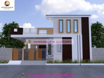 image of new elevation design single floor and white, peach, brown color theme modern front section