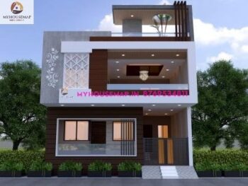 image of double floor house front elevation design and white, brown and gray color theme.