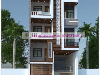 image of elevation design for 4 floor building and gray, white, brown color with perfect theme