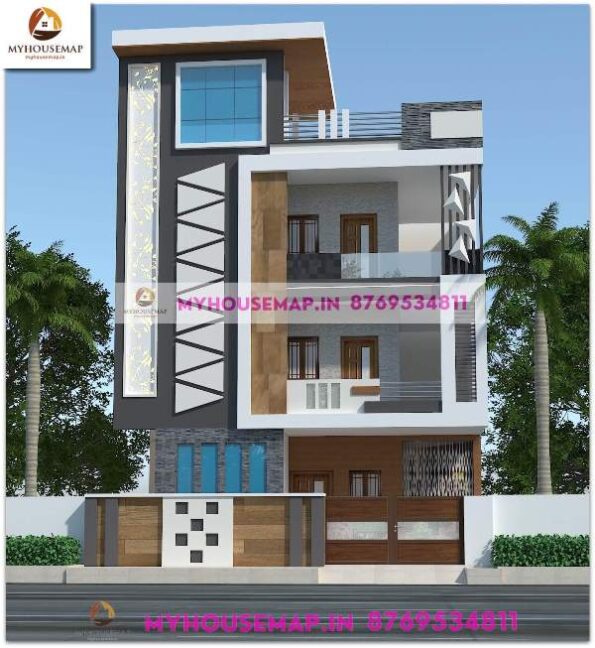 image of three floor elevation design and unique front with modern design