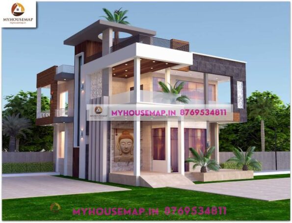 image of elevation for double floor house and unique two side elevation design with best color theme