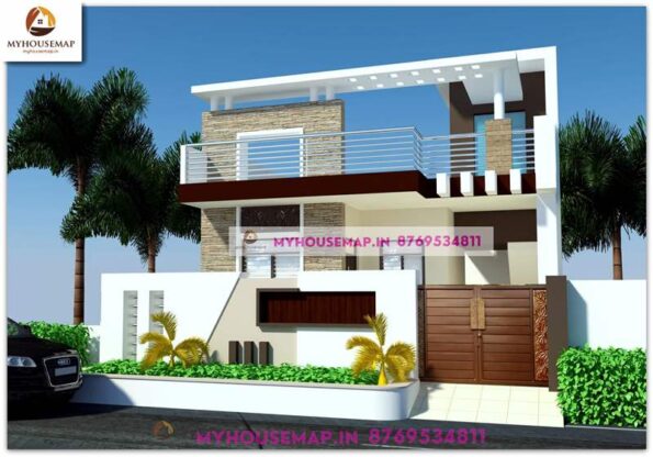 image of ground floor 3d elevation and white, creme, brown color theme with modern house