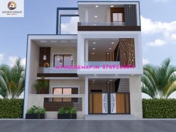 image of g+1 best elevation design for home, white, creme and blue color theme.