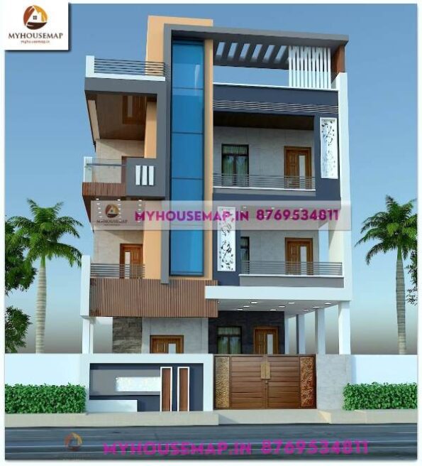 image of 3 floor house exterior design and front section design with perfect color theme