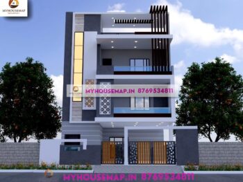 image of elevation design for 3 floor building and gray, white color theme, modern pergola design