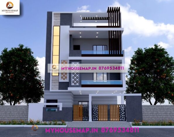 image of elevation design for 3 floor building and gray, white color theme, modern pergola design