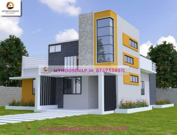 image of elevation for single floor and yellow, gray theme with modern home