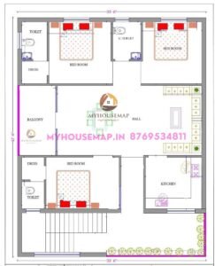 house plan kerala 3 bedrooms 33×42 ft