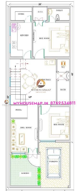 house plan of 1200 square feet 20×60 ft