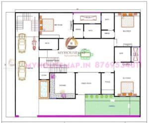 house plan of 3 bedroom 60×50 ft
