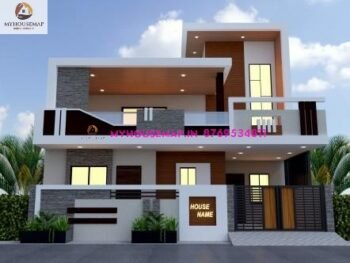 image of simple front elevation design and white, brown, white color theme with 2 floor