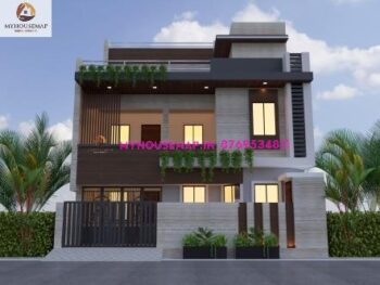 image of two floor exterior elevation design and white and brown theme, perfect front design.