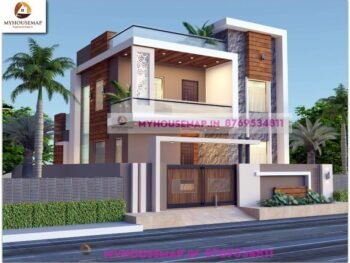 image of 3d front elevation for duplex house and white, brown color theme with modern house