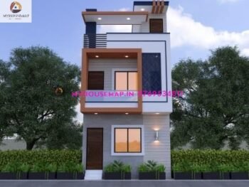 image of small elevation two floor design and white, blue, white color theme