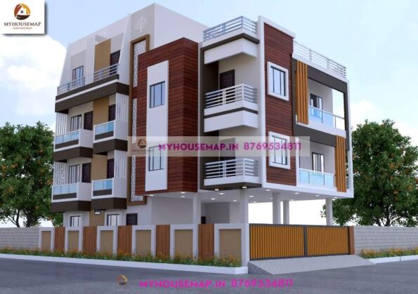 image of 3 floor apartment elevation design and unique front with perfect color theme