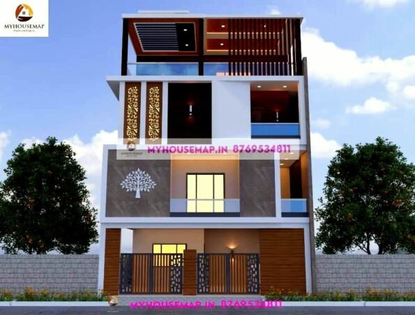 image of triple floor 3d house front elevation design and modern front theme with perfect color theme