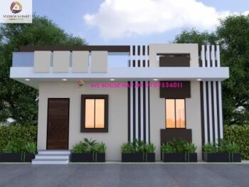 image of modern single floor house front design and off white, brown color theme with budget house