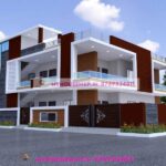 image of two floor corner home elevation design and white and brown color theme with front section design