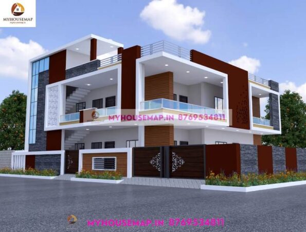 image of two floor corner home elevation design and white and brown color theme with front section design