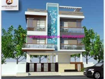 image of 3 floor house front elevation and white, light gray color theme with modern front