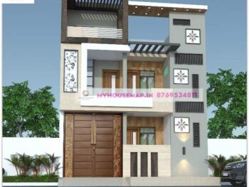 image of double story building elevation design and white gray perfect color theme