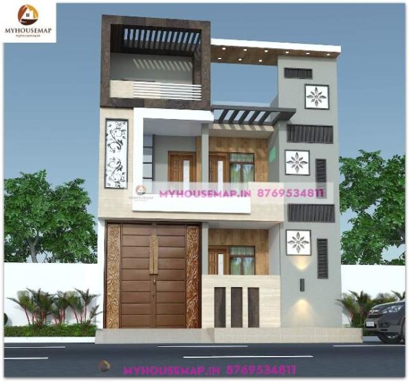 image of double story building elevation design and white gray perfect color theme