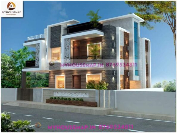 image of elevation design for 2 floor building and double side front design with perfect color theme.