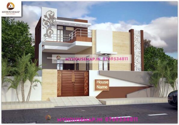 image of one floor front elevation design modern and best front design with brown, gray, white theme