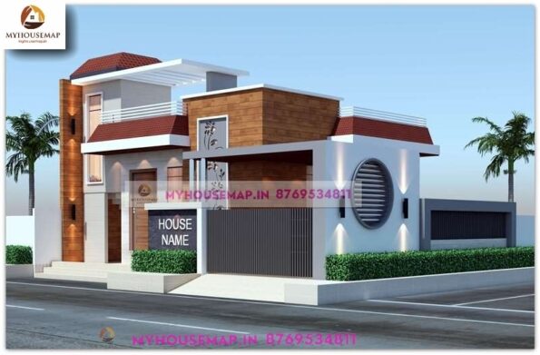 image of single story beautiful house elevation and white and gray color theme with wooden tiles