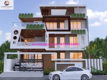 image of Three floor unique elevation design and white, brown and gray color theme with modern home