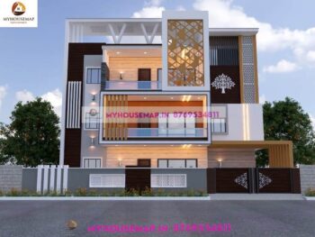 image of 3 story beautiful home front design and white, brown, gray color theme with modern front