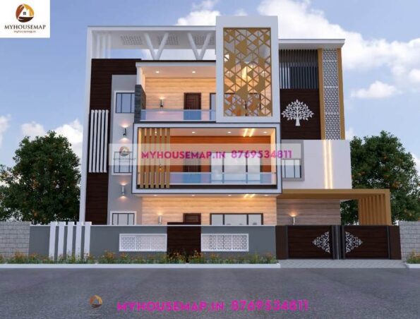 image of 3 story beautiful home front design and white, brown, gray color theme with modern front