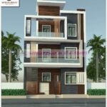 image of front elevation design for 3 floor building and white, gray color theme with modern front section