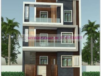 image of front elevation design for 3 floor building and white, gray color theme with modern front section