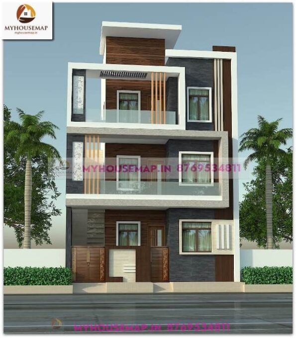 image of front elevation design for 3 floor building and white, gray color theme with modern front section