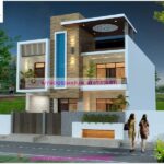 image of two storey home elevation design and front section design with wooden tiles, perfect building design