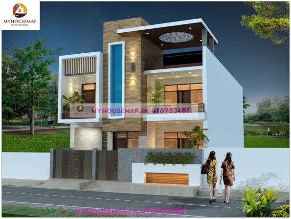 image of two storey home elevation design and front section design with wooden tiles, perfect building design