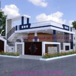 image of elevation design for house single floor and blue and white color theme with stone