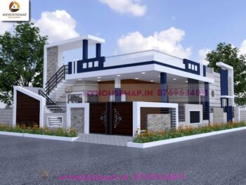 image of elevation design for house single floor and blue and white color theme with stone