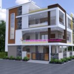 image of elevation design for 3 floor house and white, brown color with perfect color theme