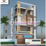 image of front elevation 4 storey residential building design and yellow, brown, white color theme