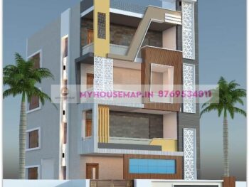 image of front elevation 4 storey residential building design and yellow, brown, white color theme