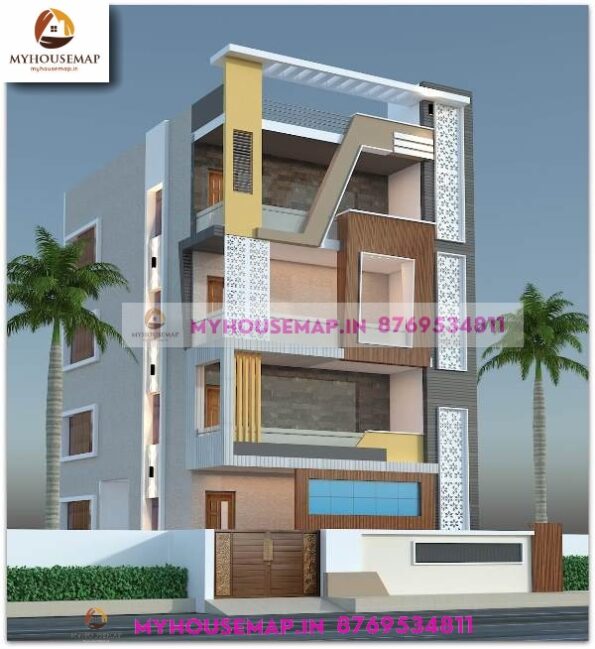 image of front elevation 4 storey residential building design and yellow, brown, white color theme