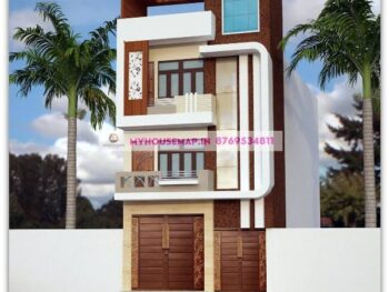 image of Triple story house design front simple and white, creme color theme with simple, small design