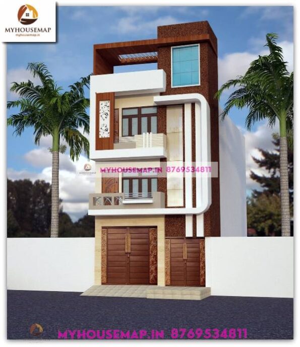 image of Triple story house design front simple and white, creme color theme with simple, small design