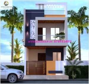 image of indian house front elevation designs and yellow, grey, brown color theme
