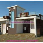 image of one floor home 3d design front and white, brown color theme with front section