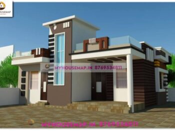 image of one floor home 3d design front and white, brown color theme with front section